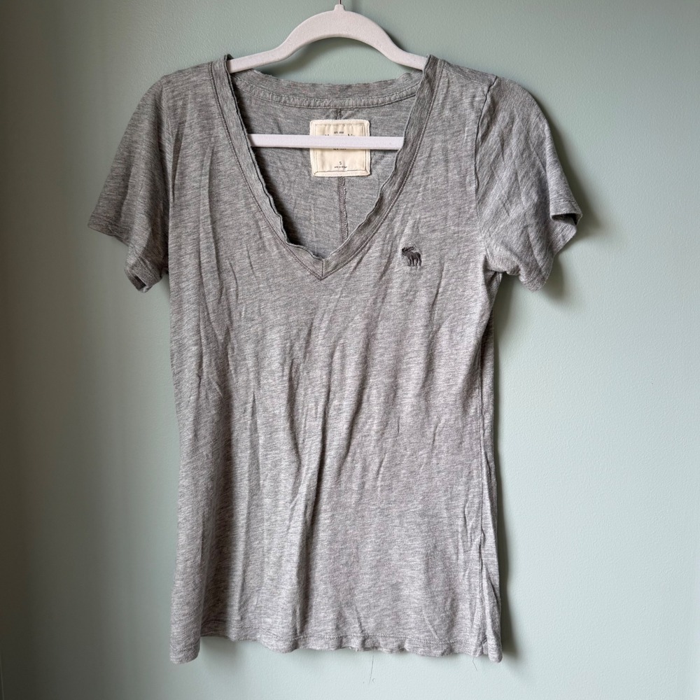 Vtg Abercrombie & Fitch Tee Shirt Heather Gray V-Neck Moose Y2K Canvas Tag Small
